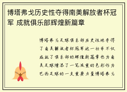 博塔弗戈历史性夺得南美解放者杯冠军 成就俱乐部辉煌新篇章